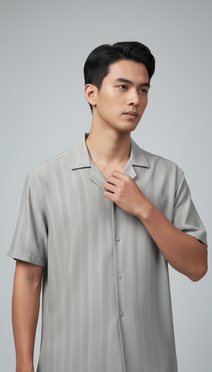 Half Sleeves Grey Color Striped Self Design Knitted Shirt