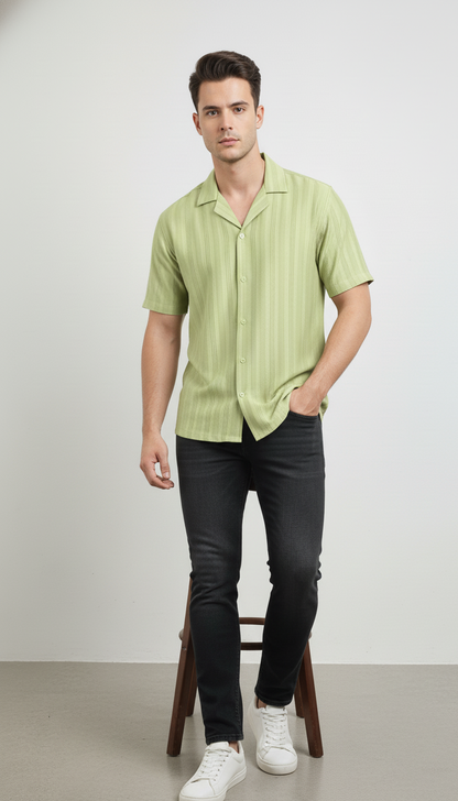 Half Sleeves Light Green Color Striped Self Design Knitted Shirt