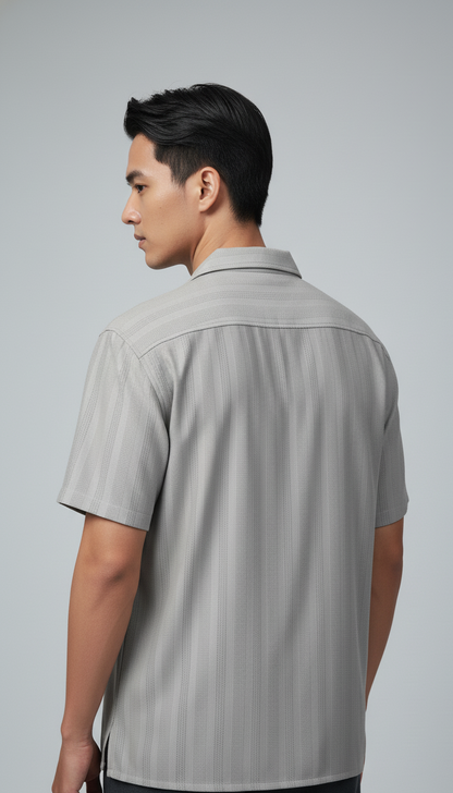 Half Sleeves Grey Color Striped Self Design Knitted Shirt