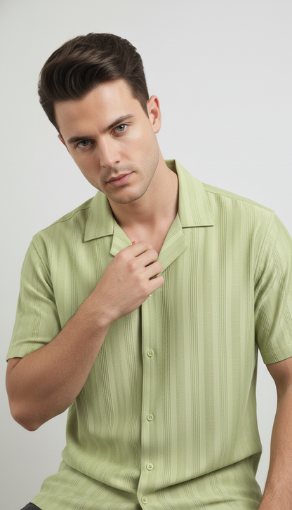 Half Sleeves Light Green Color Striped Self Design Knitted Shirt