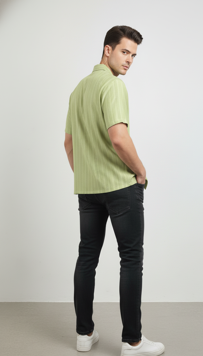 Half Sleeves Light Green Color Striped Self Design Knitted Shirt