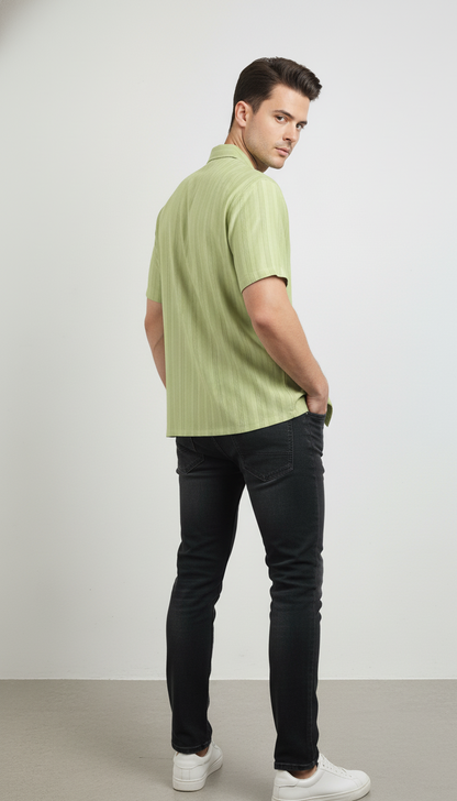 Half Sleeves Light Green Color Striped Self Design Knitted Shirt