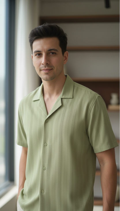 Half Sleeves Light Green Color Striped Self Design Knitted Shirt