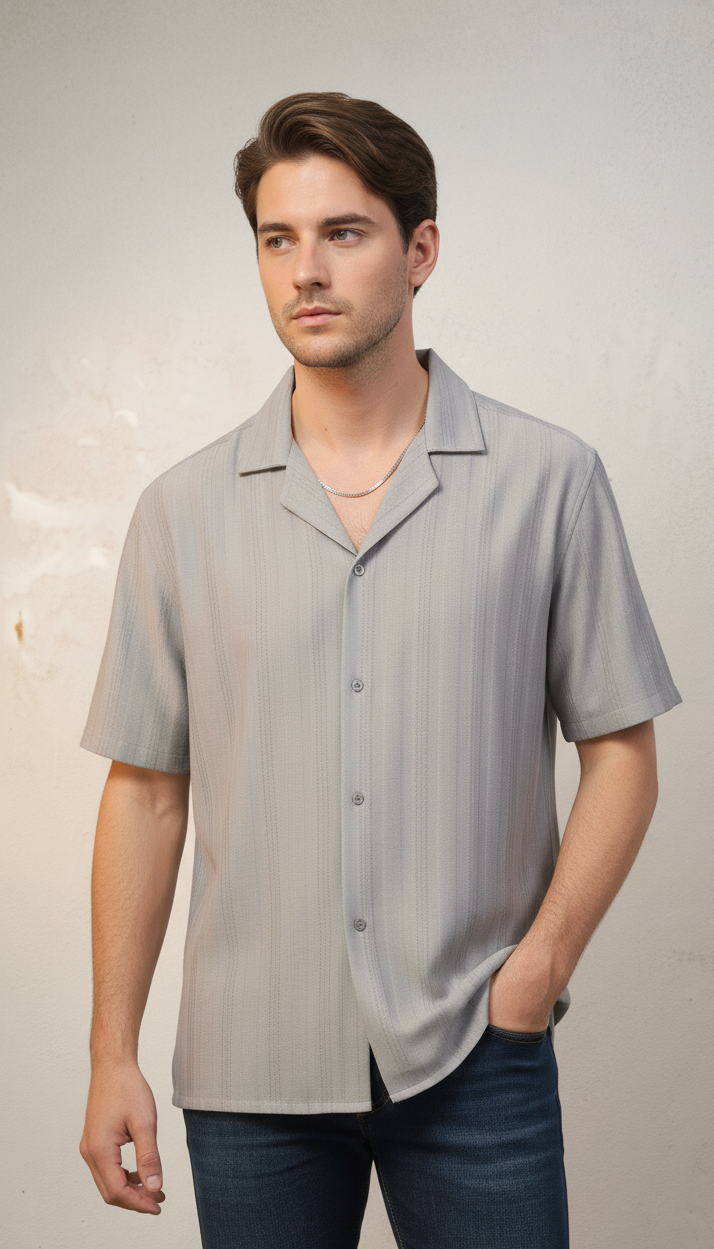 Half Sleeves Grey Color Striped Self Design Knitted Shirt