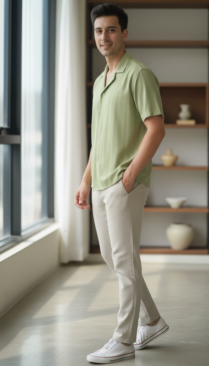 Half Sleeves Light Green Color Striped Self Design Knitted Shirt