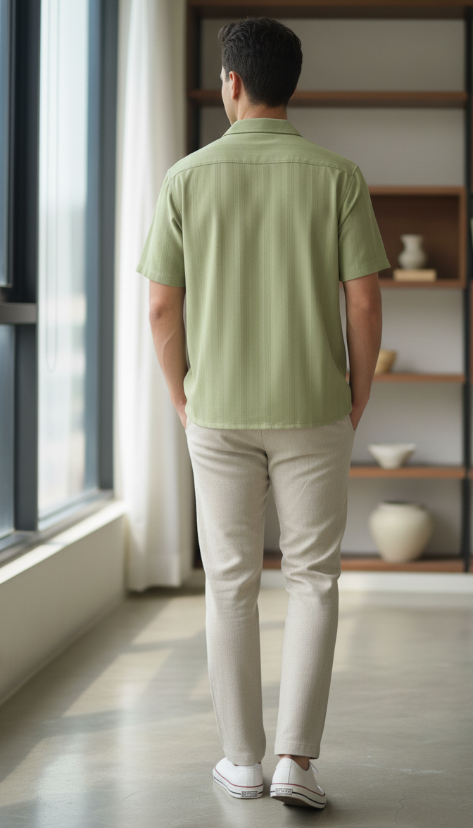 Half Sleeves Light Green Color Striped Self Design Knitted Shirt