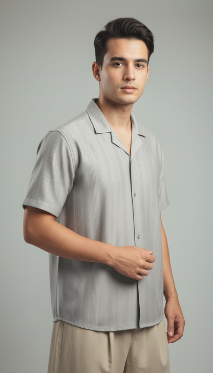 Half Sleeves Grey Color Striped Self Design Knitted Shirt