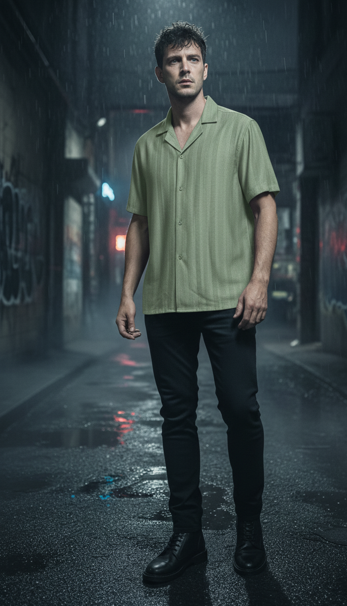 Half Sleeves Light Green Color Striped Self Design Knitted Shirt