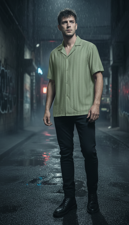 Half Sleeves Light Green Color Striped Self Design Knitted Shirt