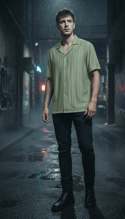 Half Sleeves Light Green Color Striped Self Design Knitted Shirt