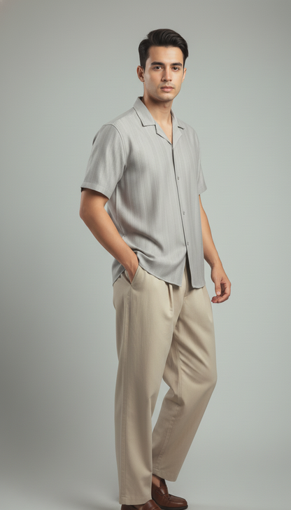 Half Sleeves Grey Color Striped Self Design Knitted Shirt