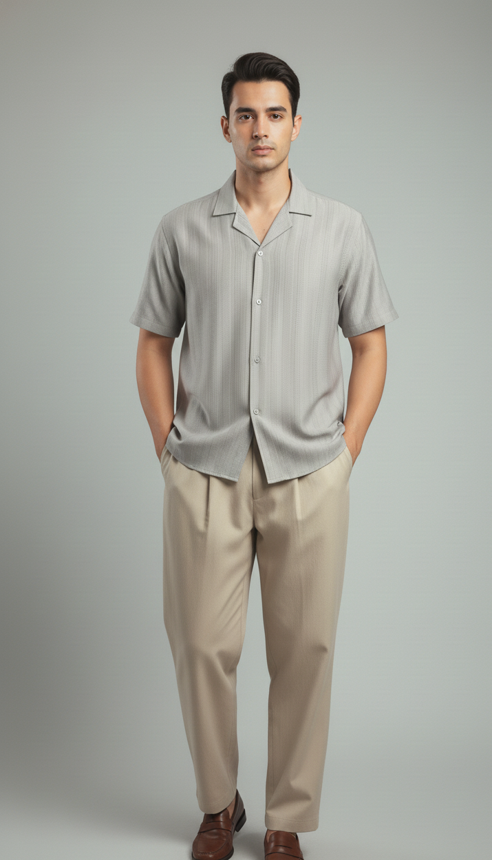 Half Sleeves Grey Color Striped Self Design Knitted Shirt