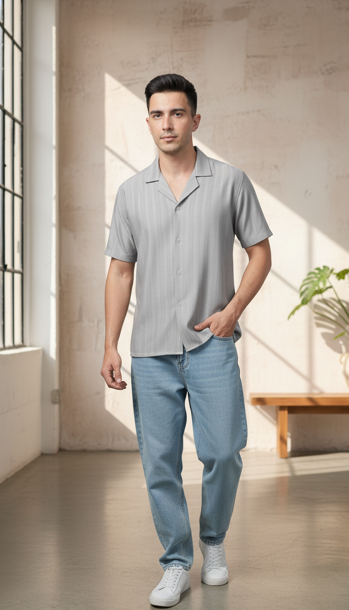 Half Sleeves Grey Color Striped Self Design Knitted Shirt