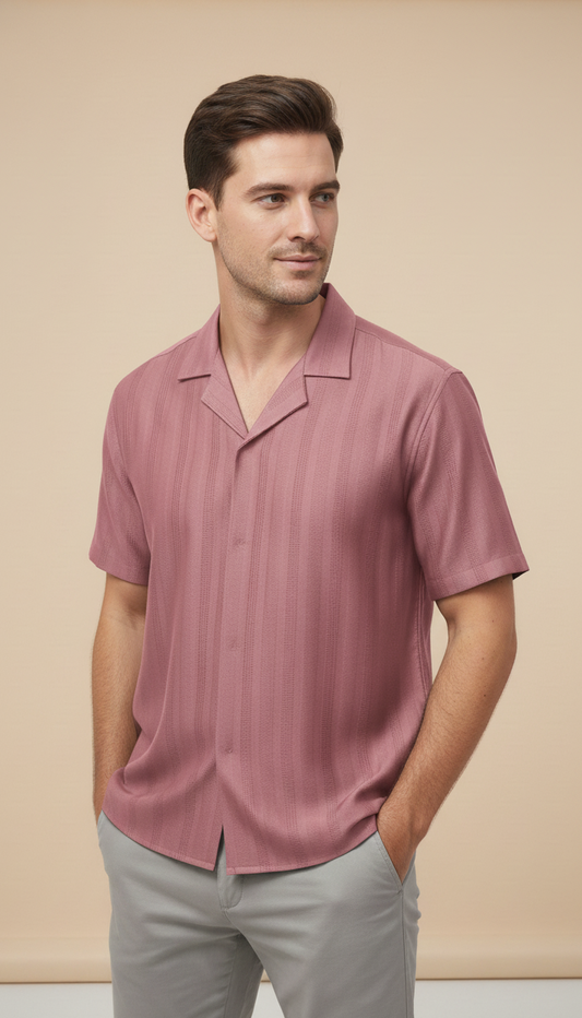 Half Sleeves Mauve Color Striped Self Design Knitted Shirt
