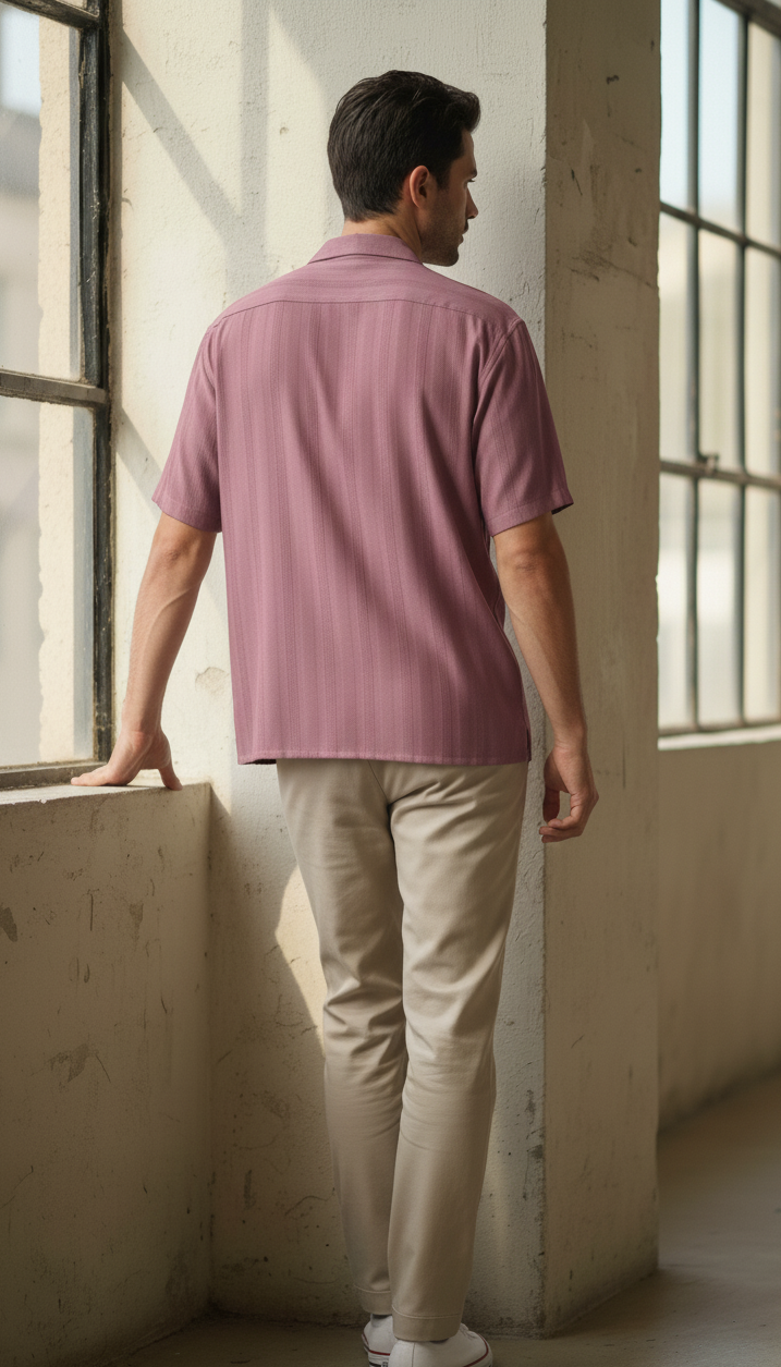 Half Sleeves Mauve Color Striped Self Design Knitted Shirt