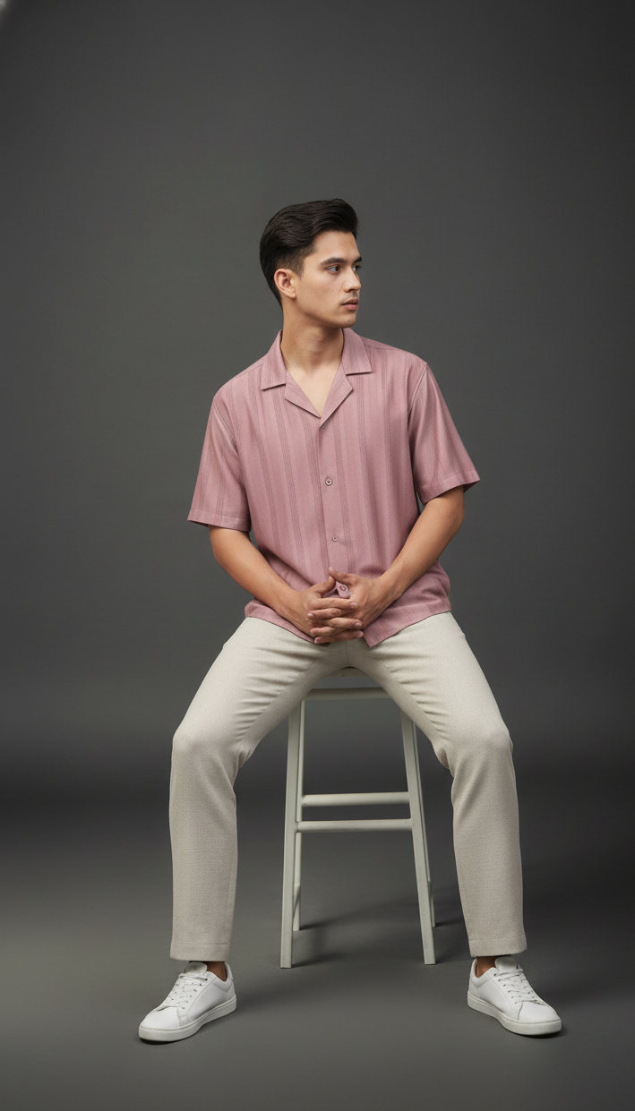 Half Sleeves Pink Color Striped Self Design Knitted Shirt