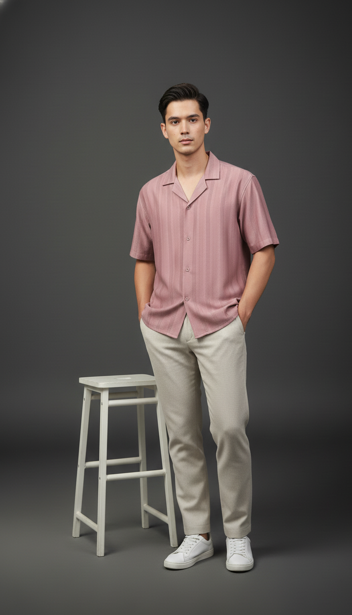 Half Sleeves Pink Color Striped Self Design Knitted Shirt