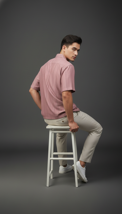 Half Sleeves Pink Color Striped Self Design Knitted Shirt