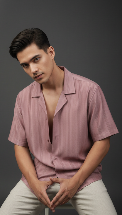 Half Sleeves Pink Color Striped Self Design Knitted Shirt