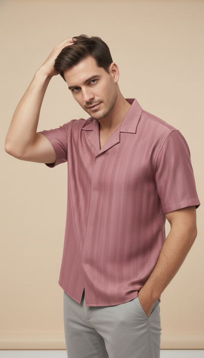Half Sleeves Mauve Color Striped Self Design Knitted Shirt
