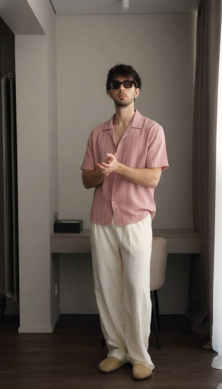 Half Sleeves Mauve Color Striped Self Design Knitted Shirt