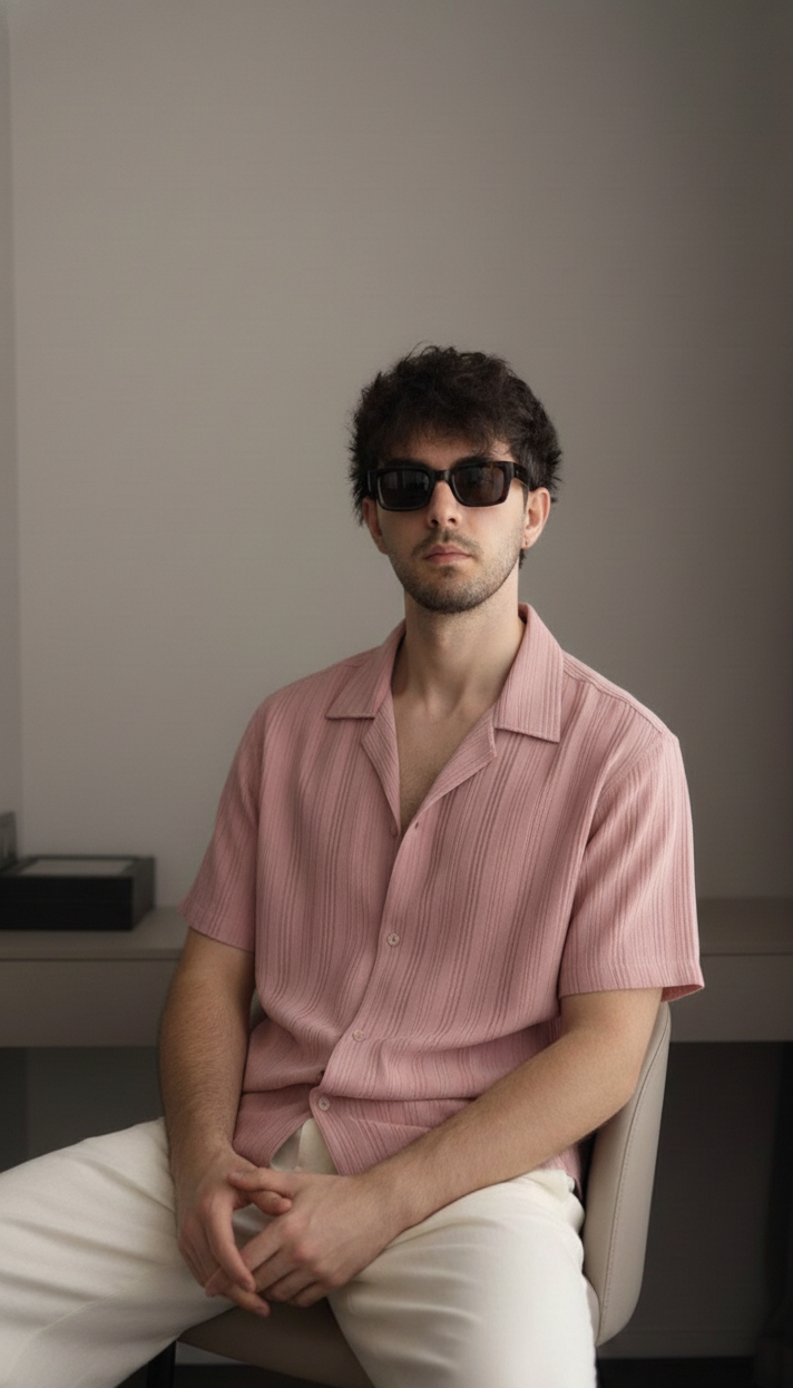 Half Sleeves Mauve Color Striped Self Design Knitted Shirt