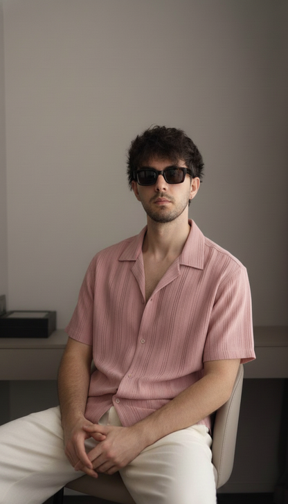 Half Sleeves Mauve Color Striped Self Design Knitted Shirt