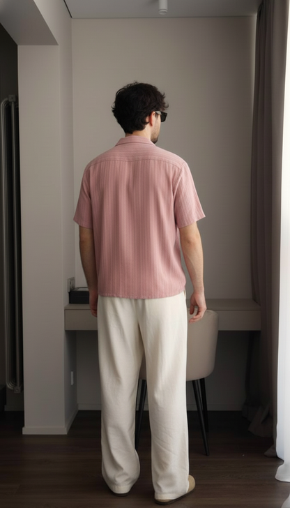 Half Sleeves Mauve Color Striped Self Design Knitted Shirt