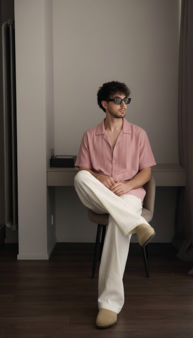 Half Sleeves Mauve Color Striped Self Design Knitted Shirt