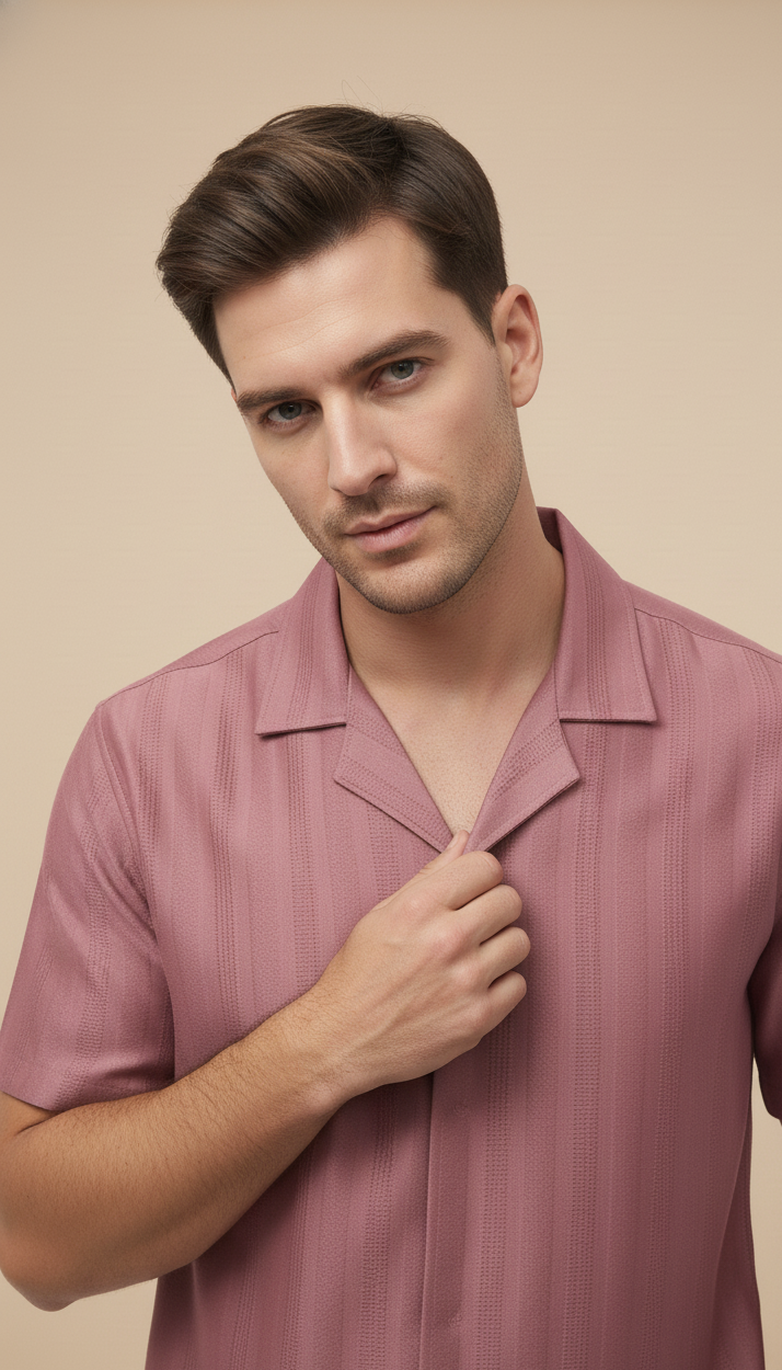 Half Sleeves Mauve Color Striped Self Design Knitted Shirt