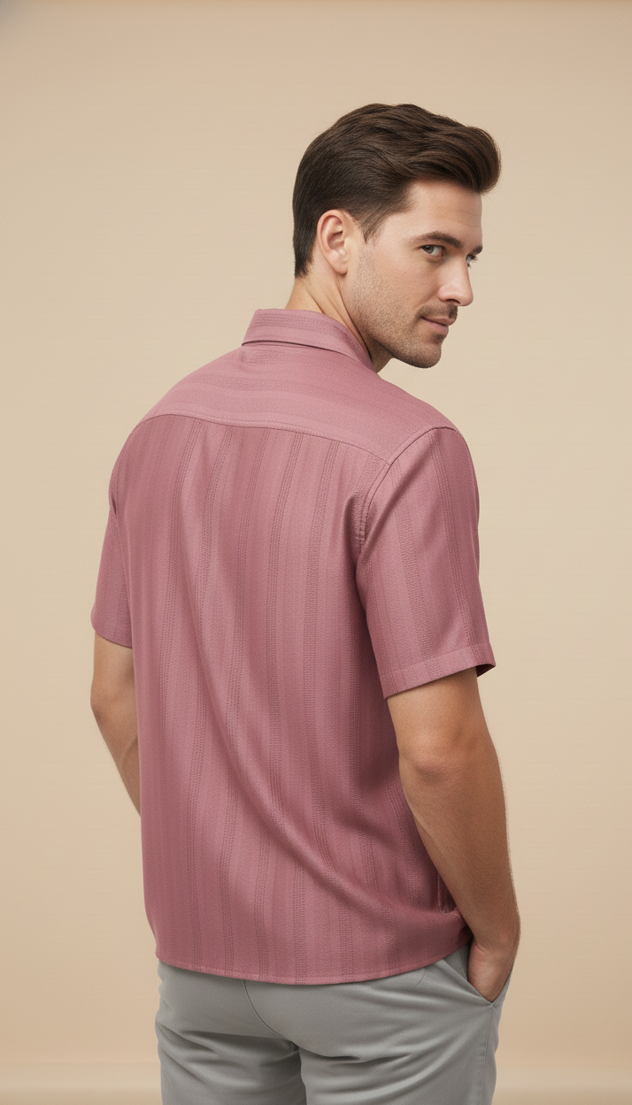 Half Sleeves Mauve Color Striped Self Design Knitted Shirt