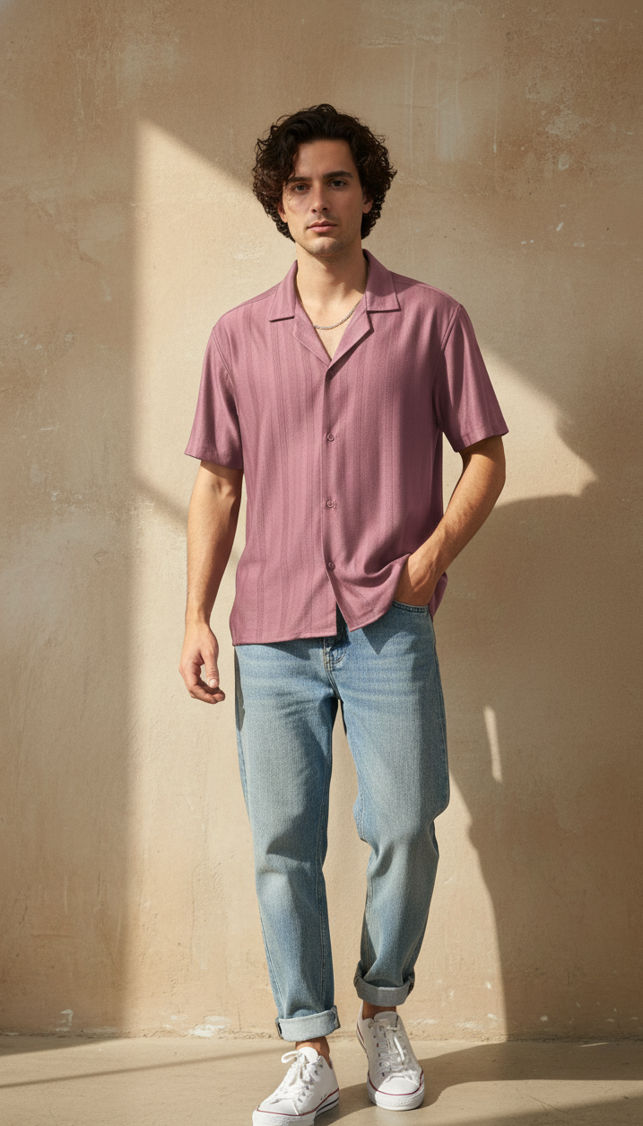 Half Sleeves Mauve Color Striped Self Design Knitted Shirt