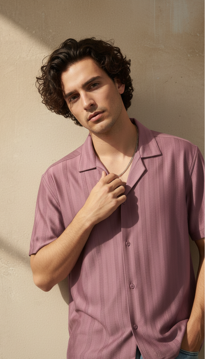 Half Sleeves Mauve Color Striped Self Design Knitted Shirt