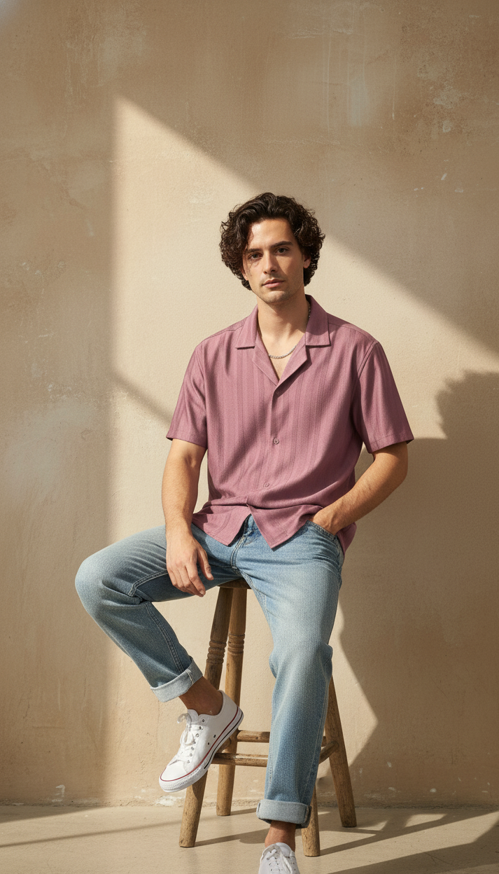 Half Sleeves Mauve Color Striped Self Design Knitted Shirt