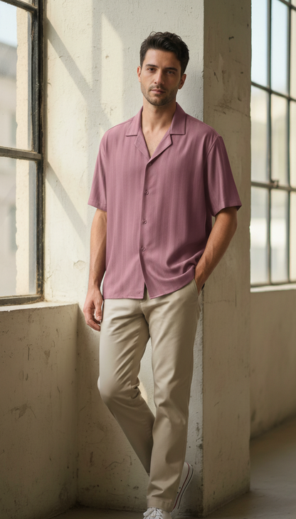 Half Sleeves Mauve Color Striped Self Design Knitted Shirt