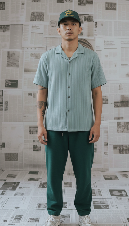 Half Sleeves Cyan Color Striped Self Design Knitted Shirt