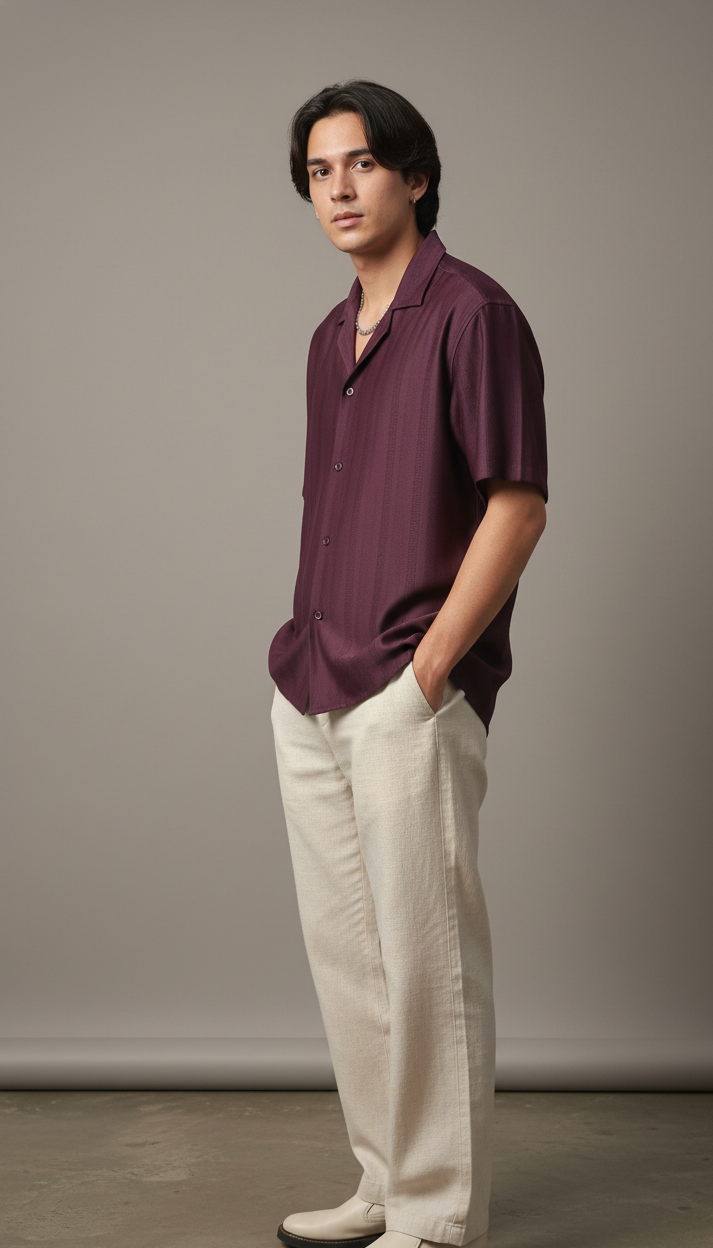 Half Sleeves Wine Color Striped Self Design Knitted Shirt