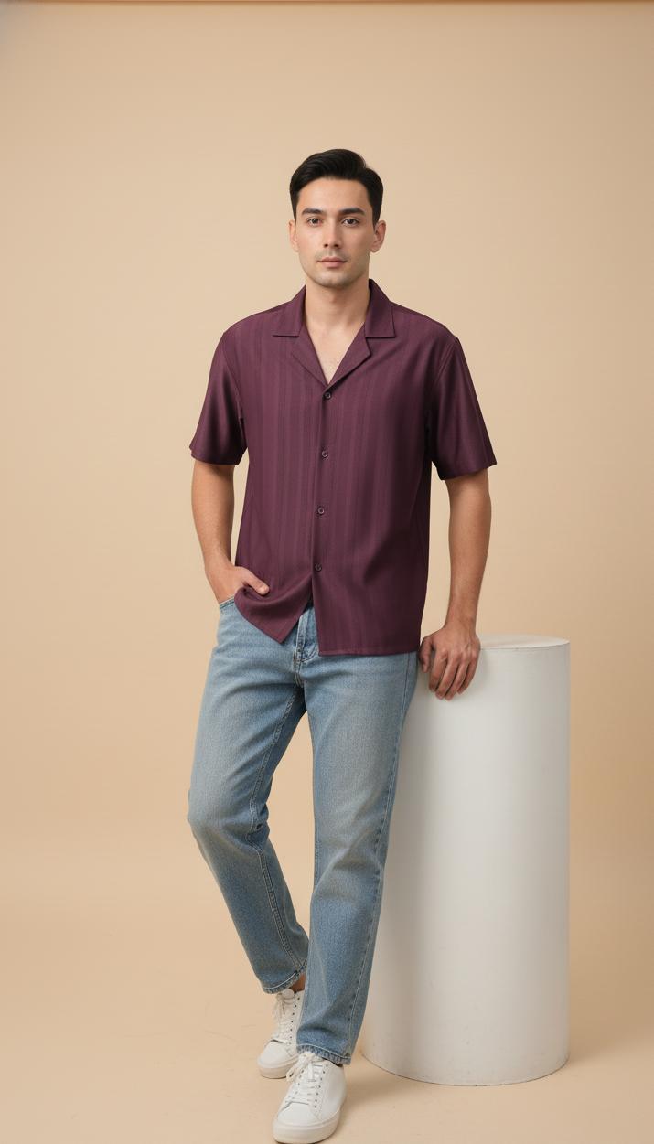 Half Sleeves Wine Color Striped Self Design Knitted Shirt