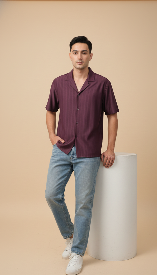 Half Sleeves Wine Color Striped Self Design Knitted Shirt