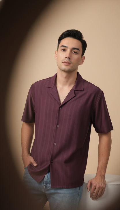 Half Sleeves Wine Color Striped Self Design Knitted Shirt