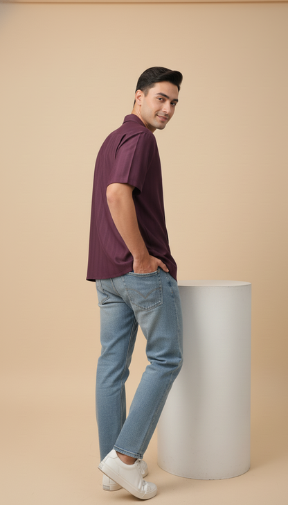 Half Sleeves Wine Color Striped Self Design Knitted Shirt