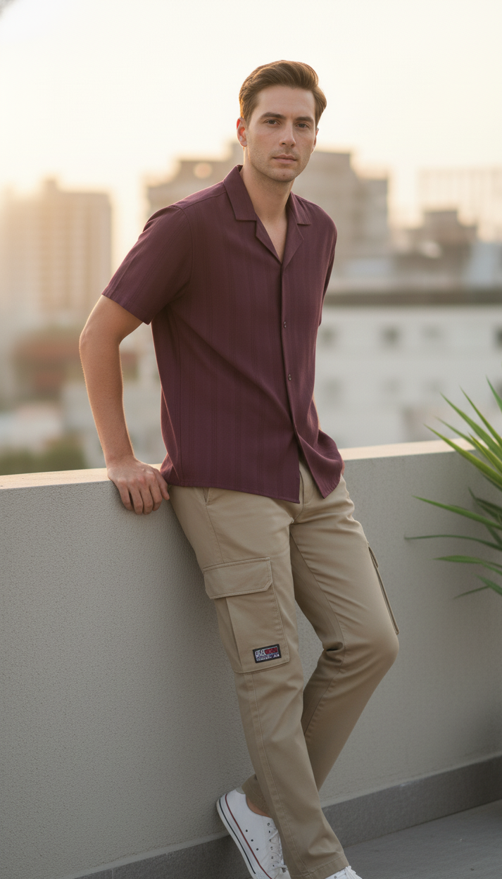 Half Sleeves Mauve Color Striped Self Design Knitted Shirt