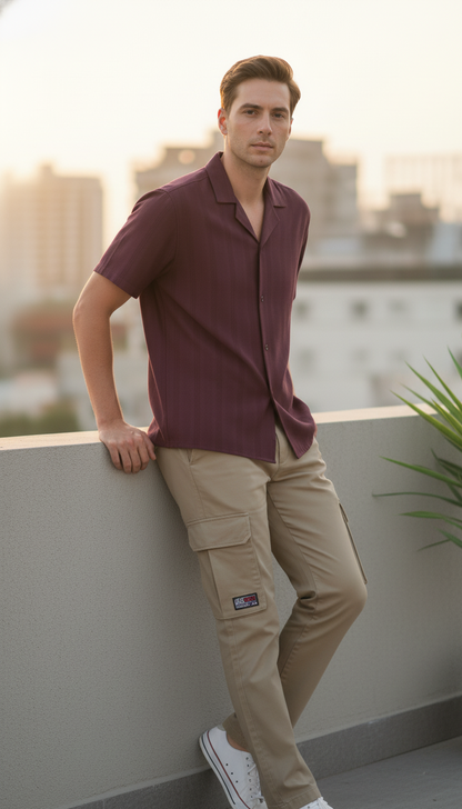 Half Sleeves Mauve Color Striped Self Design Knitted Shirt