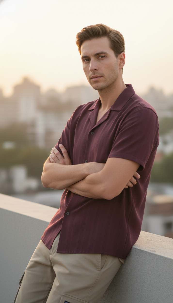 Half Sleeves Mauve Color Striped Self Design Knitted Shirt