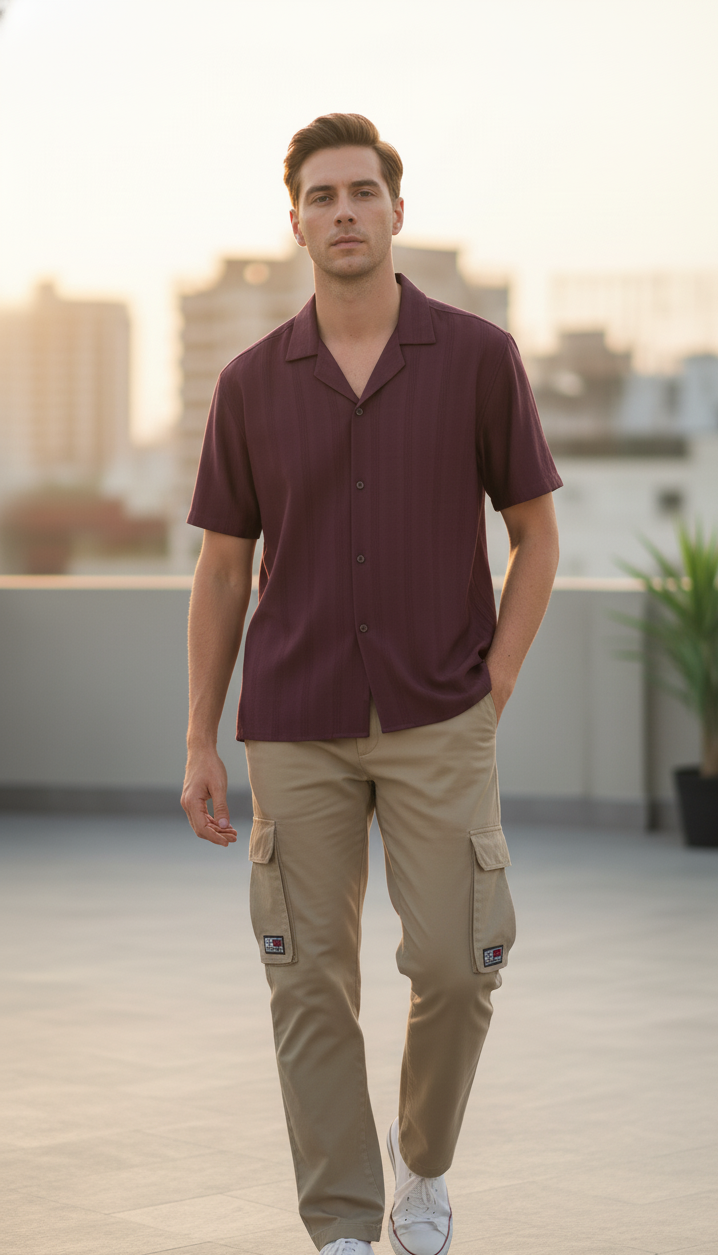 Half Sleeves Mauve Color Striped Self Design Knitted Shirt