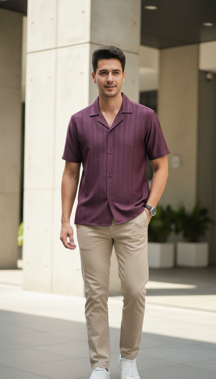 Half Sleeves Wine Color Striped Self Design Knitted Shirt