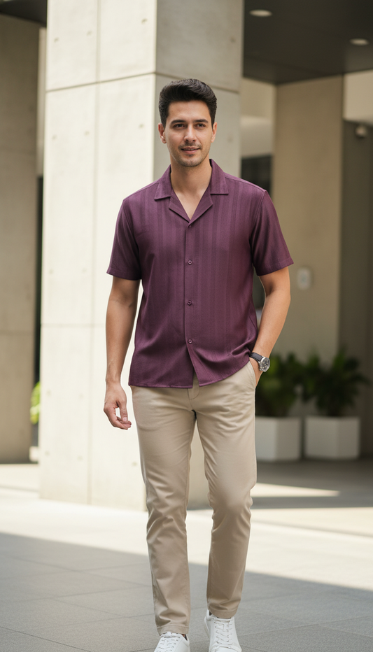 Half Sleeves Wine Color Striped Self Design Knitted Shirt