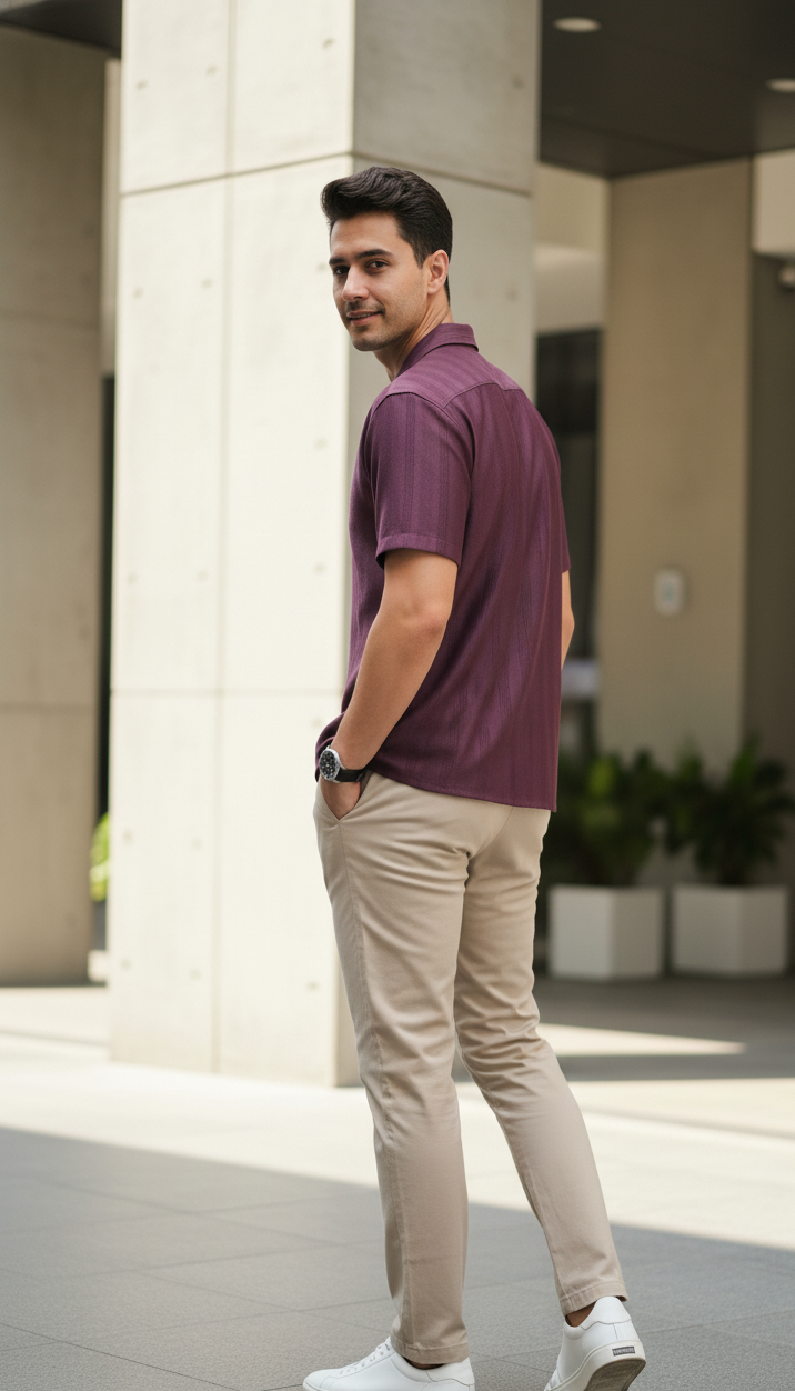 Half Sleeves Wine Color Striped Self Design Knitted Shirt