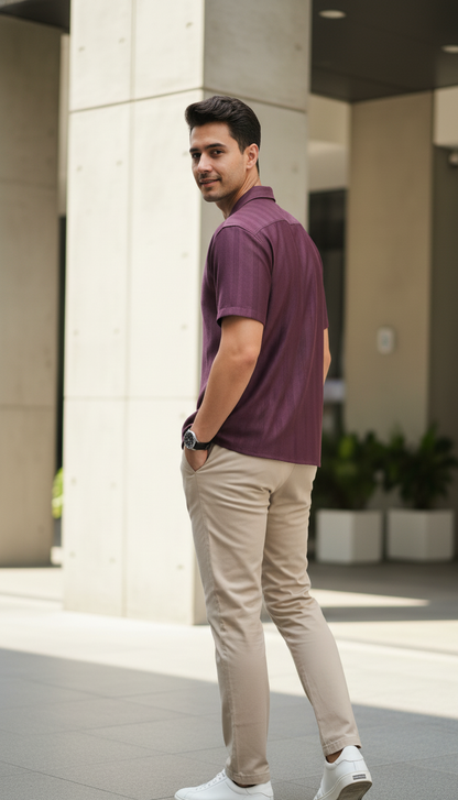 Half Sleeves Wine Color Striped Self Design Knitted Shirt