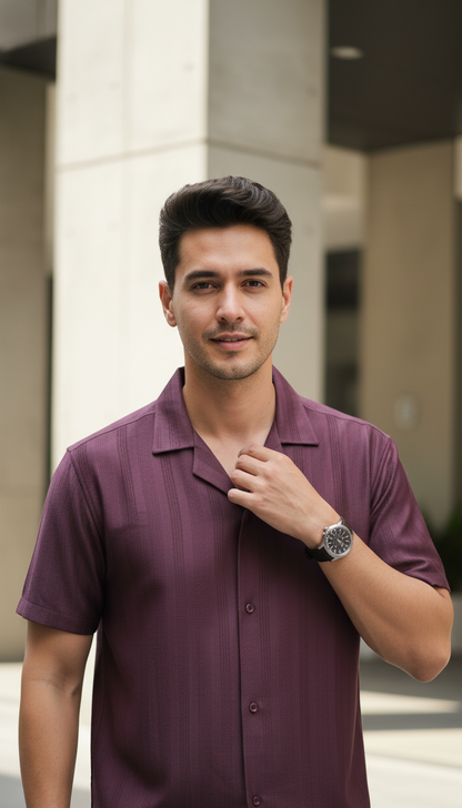 Half Sleeves Wine Color Striped Self Design Knitted Shirt